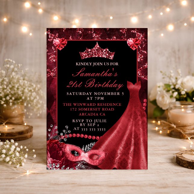 Invitation Elégante robe rouge Masquerade Anniversaire (Créateur téléchargé)