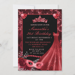 Invitation Elégante robe rouge Masquerade Anniversaire