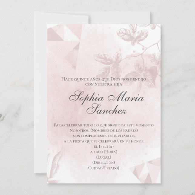 Invitation Elegante rosa oro rosa florale español fraseología (Devant)