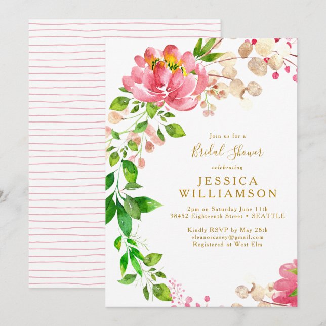 Invitation Elégante Rose Aquarelle rose Fête des mariées flor (Devant / Derrière)
