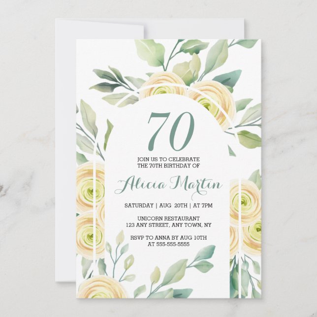 Invitation Elégante Rose blanche Flore verte 70e anniversaire (Devant)