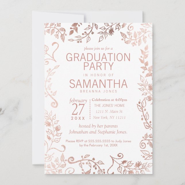 Invitation Élégante Rose blanche Gold Floral Party de graduat (Devant)