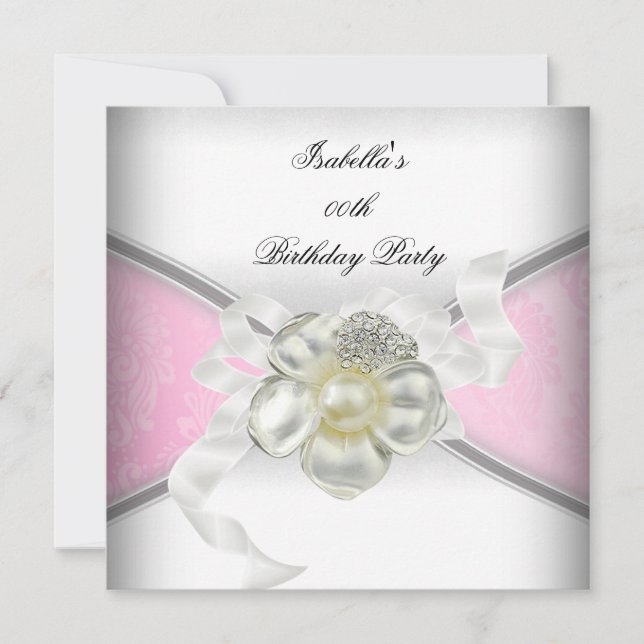 Invitation Elégante rose Damask White Pearl fête d'anniversai (Devant)