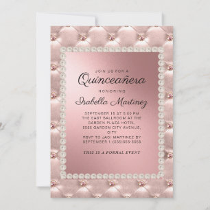 Invitation Élégante Rose Dorée Fête des 15 Ans Photo Perles