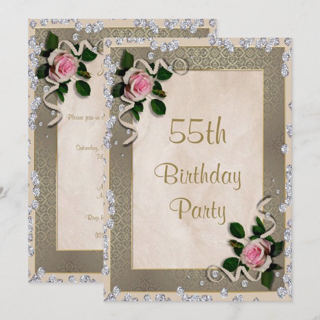 Invitation Elégante rose encadrée rose 55e anniversaire (Devant / Derrière)