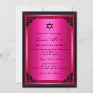 Invitation élégante rose et noire pour Bat Mitzvah