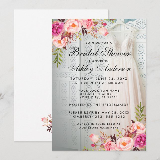 Invitation Élégante Rose Floral Douche nuptiale (Devant / Derrière)