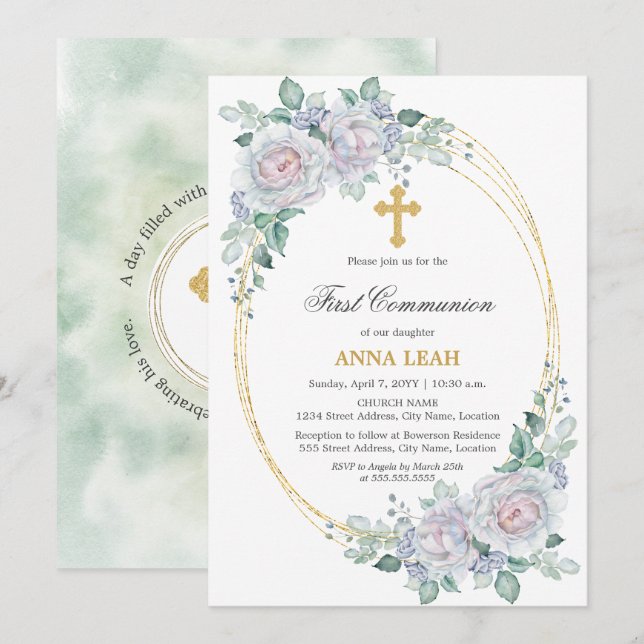Invitation Élégante Rose Florale Croix d'or première communio (Devant / Derrière)