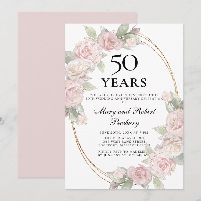 Invitation Élégante rose florale rose pour 50e anniversaire (Devant / Derrière)