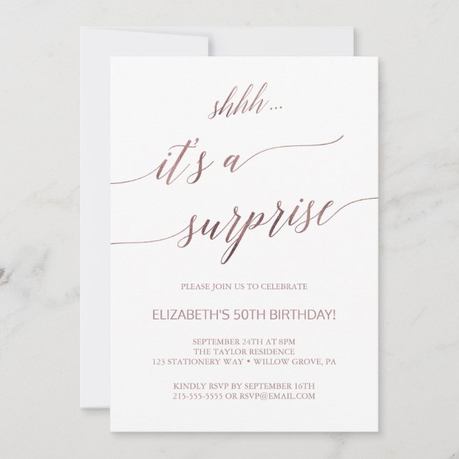 Invitation Élégante Rose Gold Calligraphie Surprise Party (Devant)