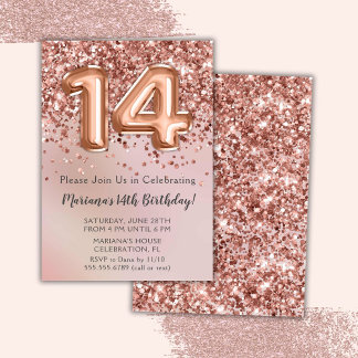 Invitation Élégante Rose Gold Kids Girl 14ème anniversaire fê