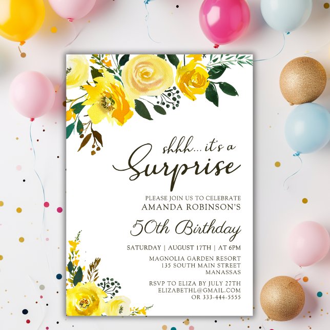 Invitation Élégante Rose jaune Florale Surprise 50e anniversa (Créateur téléchargé)