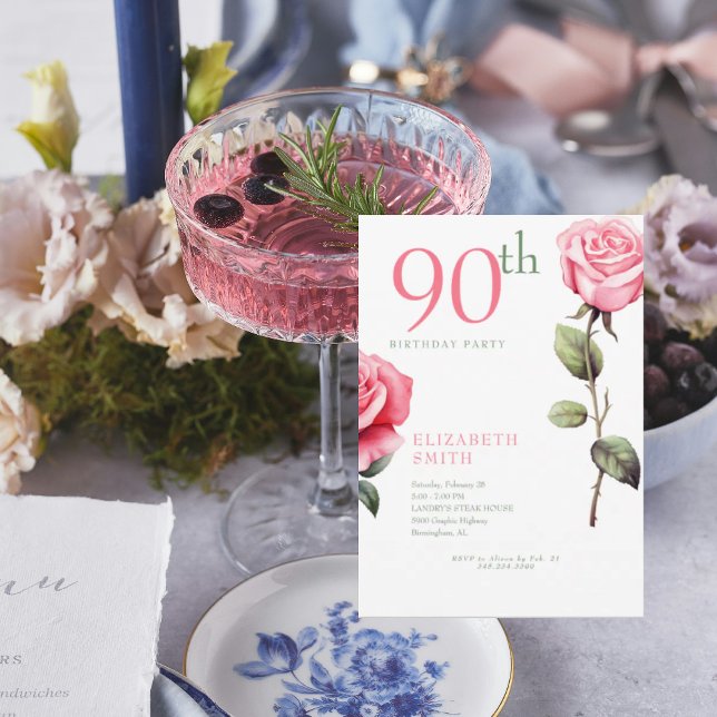 Invitation Élégante rose rose 90e fête d'anniversaire III (Créateur téléchargé)