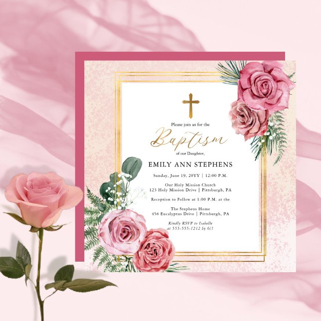 Invitation Élégante rose rose |Baptême de fille à cadre fleur (Créateur téléchargé)