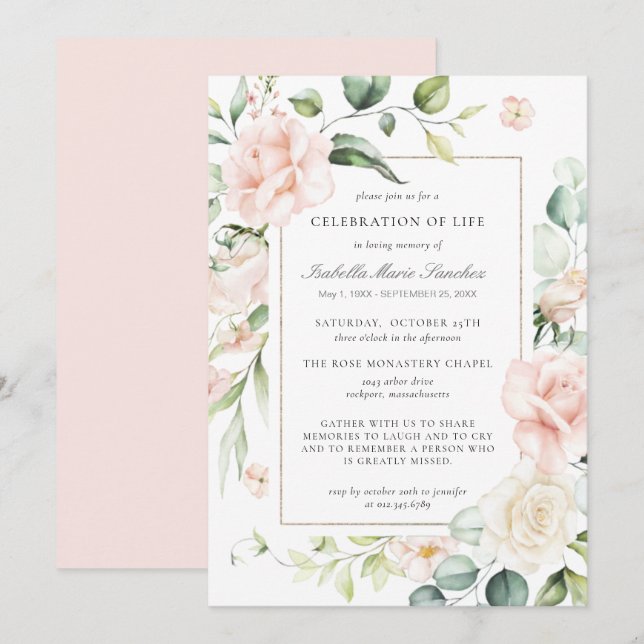 Invitation Élégante Rose rose Floral Célébration de Life Invi (Devant / Derrière)