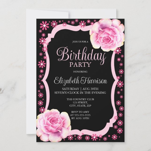 Invitation Élégante Rose rose floral noir fête d'anniversaire (Devant)