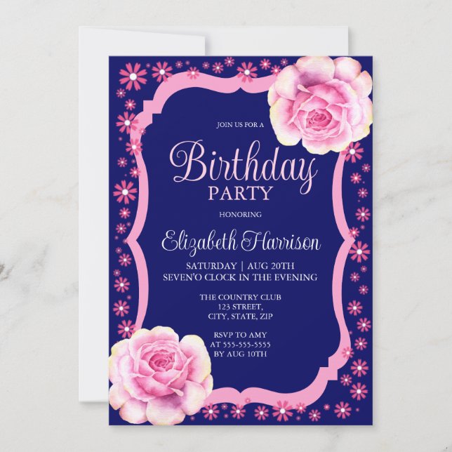 Invitation Élégante Rose rose florale bleu foncé fête d'anniv (Devant)