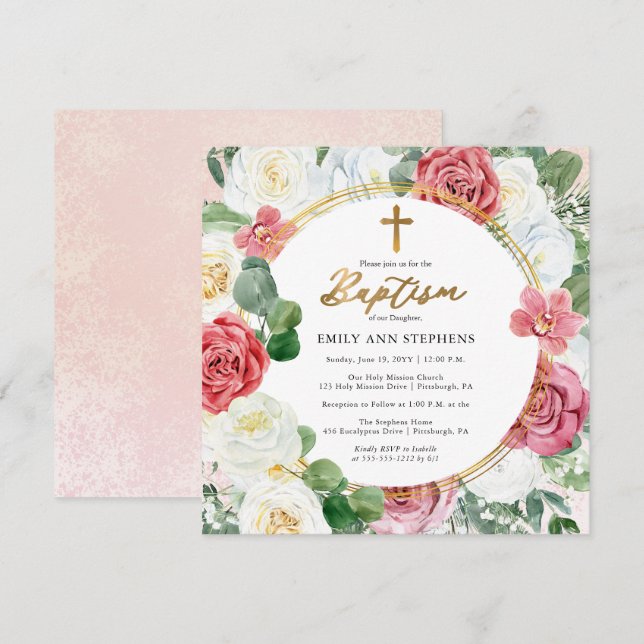 Invitation Élégante rose rose | Gold Floral Frame Girl Baptis (Devant / Derrière)