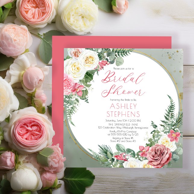Invitation Élégante rose rose | Gold Frame Fête des mariées I (Elegant Pink Rose and Gold Tone Frame Bridal Shower Invitation - Print | Digital Download)