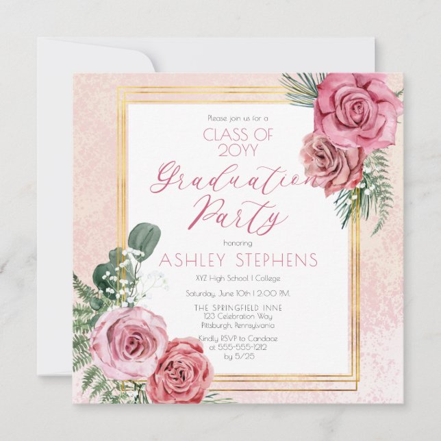Invitation Élégante rose rose | Gold Frame Graduation Party (Devant)
