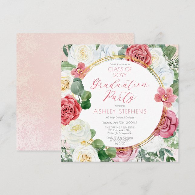 Invitation Élégante rose rose | Gold Frame Graduation Party (Devant / Derrière)