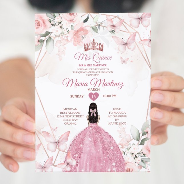 Invitation Elégante Rose Rose Or Floral Princess Mis Quince (Créateur téléchargé)