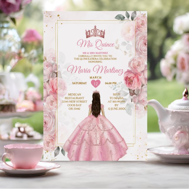 Invitation Elégante Rose Rose Or Floral Princess Mis Quince (Créateur téléchargé)
