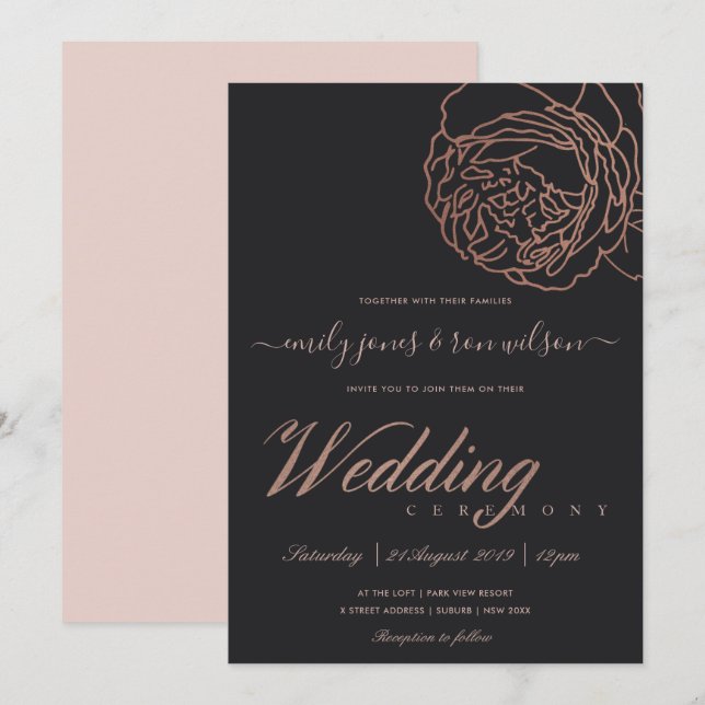 INVITATION ÉLÉGANTE ROSE ROSE ROSE ROSE NOIR MARIAGE FLORAL (Devant / Derrière)