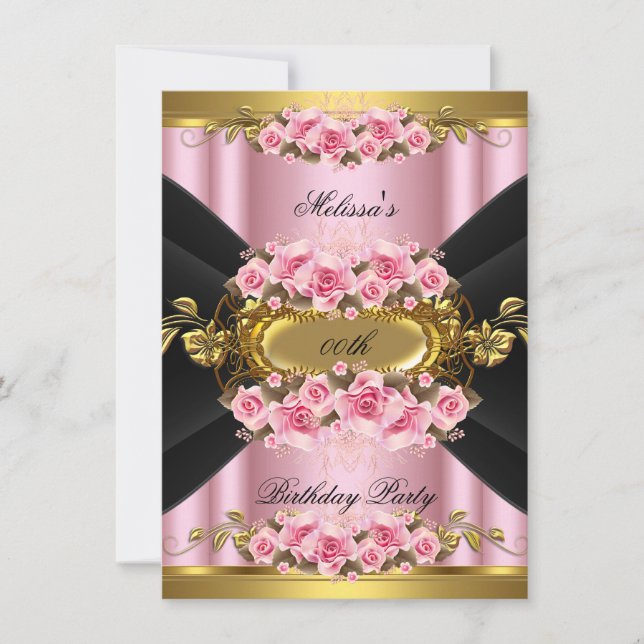 Invitation Elégante rose Roses Black Gold fête d'anniversaire (Devant)