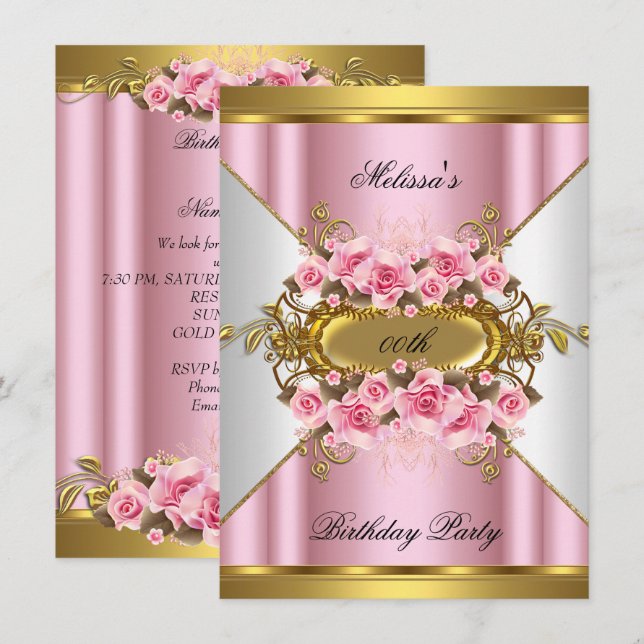 Invitation Elégante rose Roses Blanc Or fête d'anniversaire (Devant / Derrière)