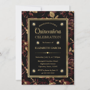 Invitation Élégante rose rouge et or florale Quinceanera