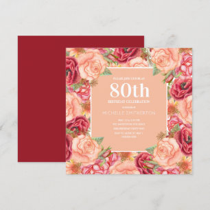 Invitation Elégante rose rouge florale 80e anniversaire de fê