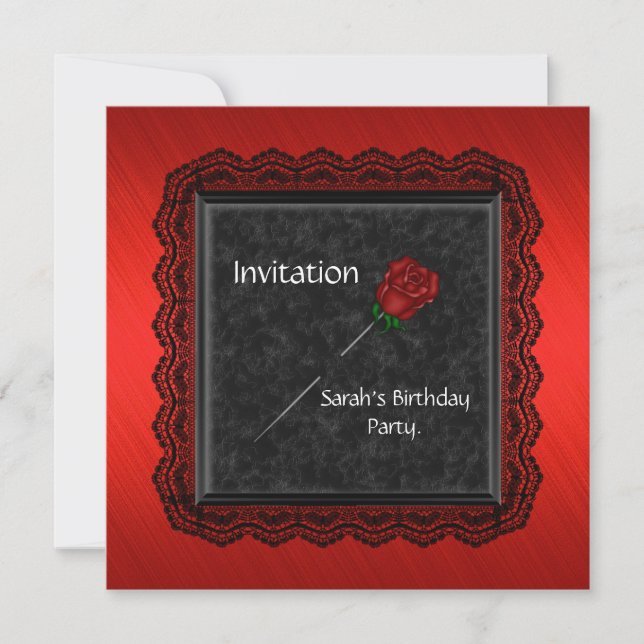 Invitation Élégante Rose Rouge noir dentelle (Devant)