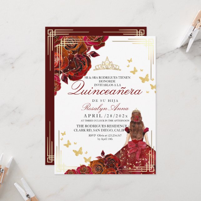 Invitation Elégante Rose Rouge Or Princesse Quinceañera (Devant/Arrière en situation)