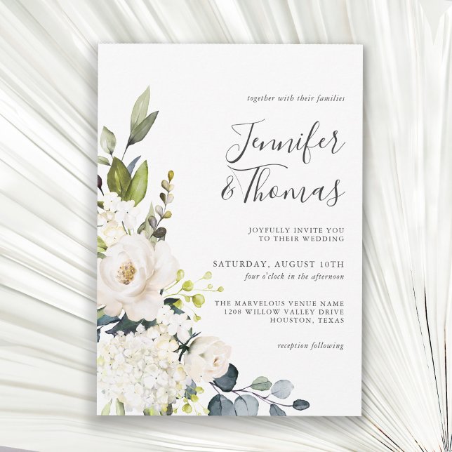 Invitation Elégante Roses Blanches et Hydrangeas Mariage Flor (Créateur téléchargé)