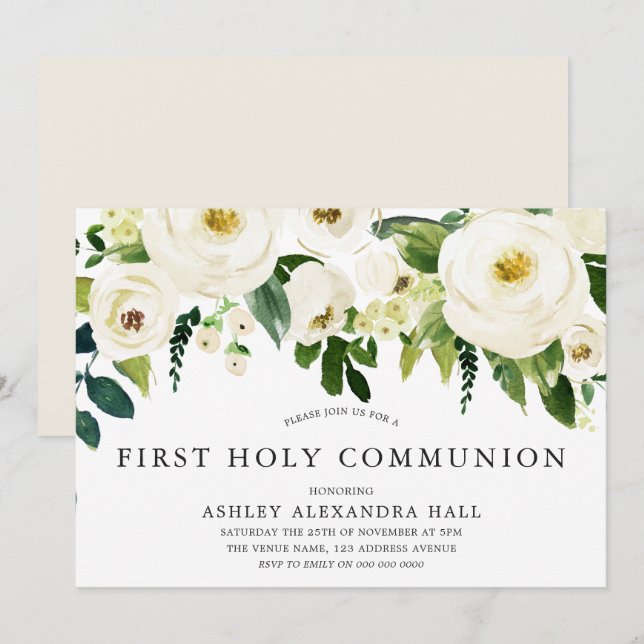 Invitation Élégante Roses Blanches Première Communion Sainte (Devant / Derrière)
