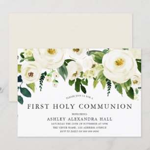 Invitation Élégante Roses Blanches Première Communion Sainte
