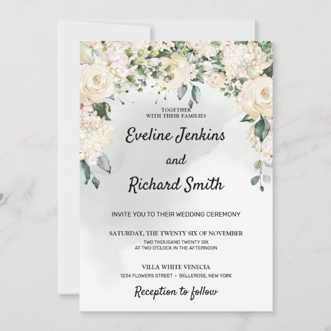 Invitation Elégante roses blanches rustiques mariage (Devant)