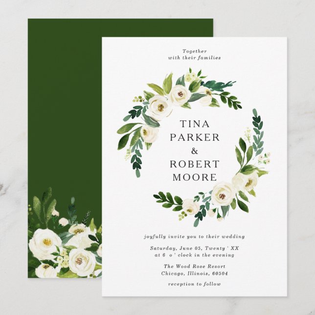 Invitation Elégante Roses Blanches Verdure Mariage Monogramme (Devant / Derrière)