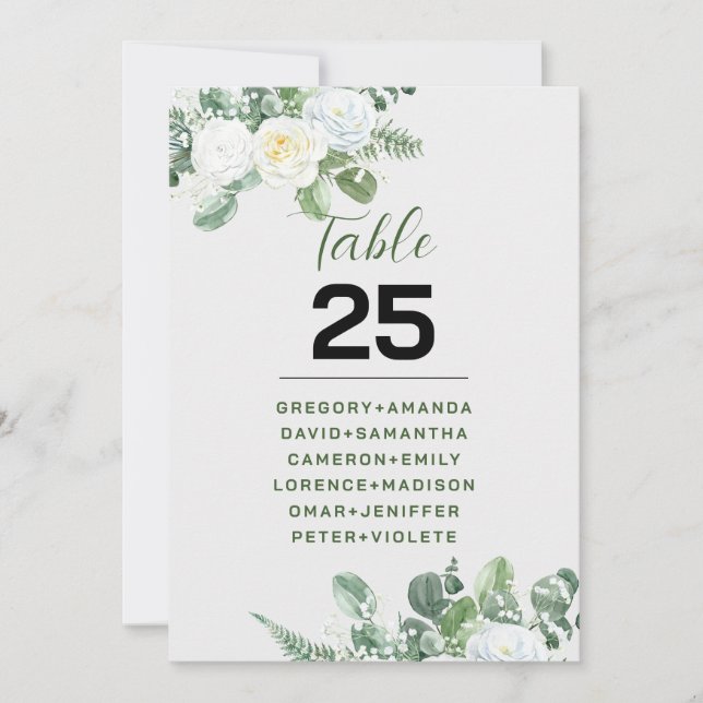 Invitation Elégante Roses Blanches & Verdure Table No (Devant)