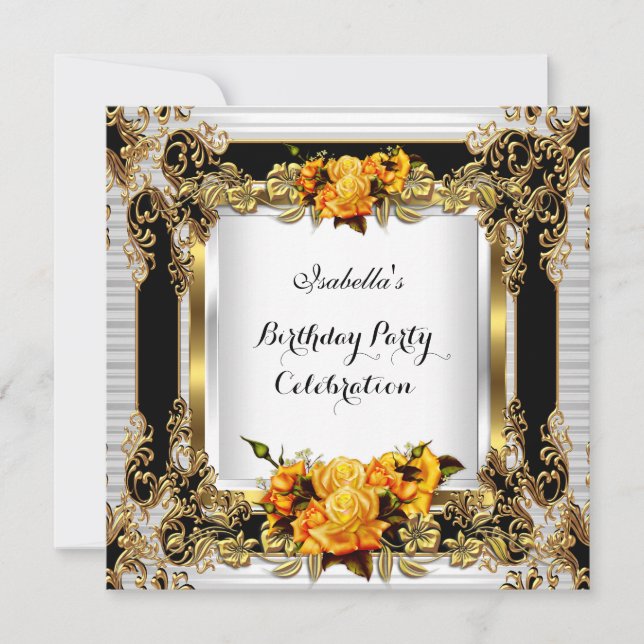 Invitation Elégante Roses Jaunes Or Blanc Noir Anniversaire 2 (Devant)
