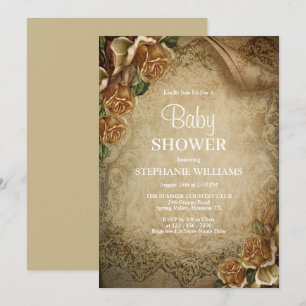 Invitation Elégante Roses Or & Damask Baby Douche