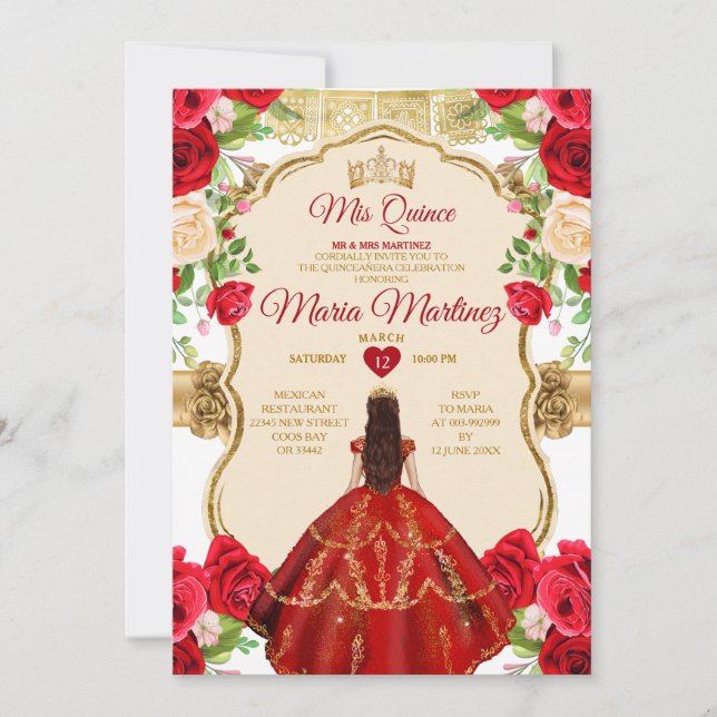 Invitation Élégante Roses Rouge Lumineuses Princesse Quinceañ (Devant)