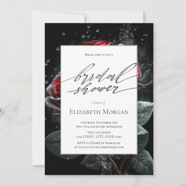 Invitation Elégante Roses rouges Fête des mariées noire (Devant)