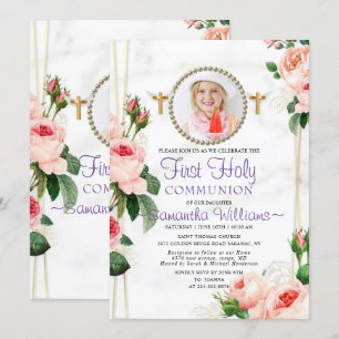Invitation Élégante Rosy Blush Floral Première Communion