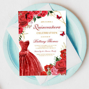 Invitation élégante rouge florale pour Quinceañera