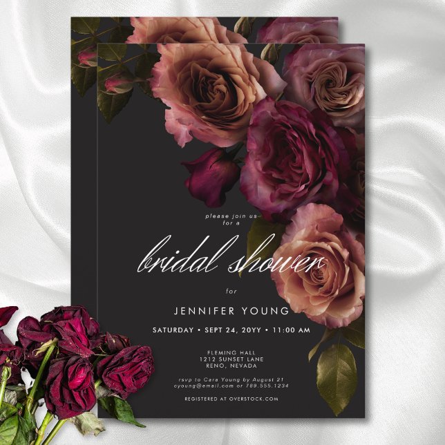Invitation Elégante rouille Moody & Fête des mariées Florale  (Elegant Moody Rust & Burgundy Floral Bridal Shower Invitation)