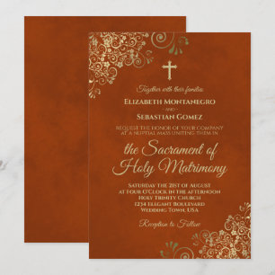 Invitation Elégante rouille Orange & Or Mariage catholique mo