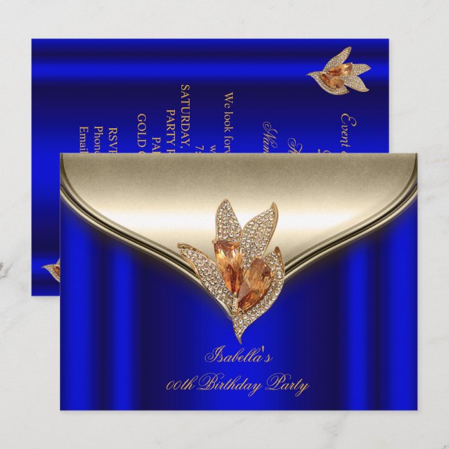Invitation Elégante Royal Bleu Bronze Brown Gold Party (Devant / Derrière)