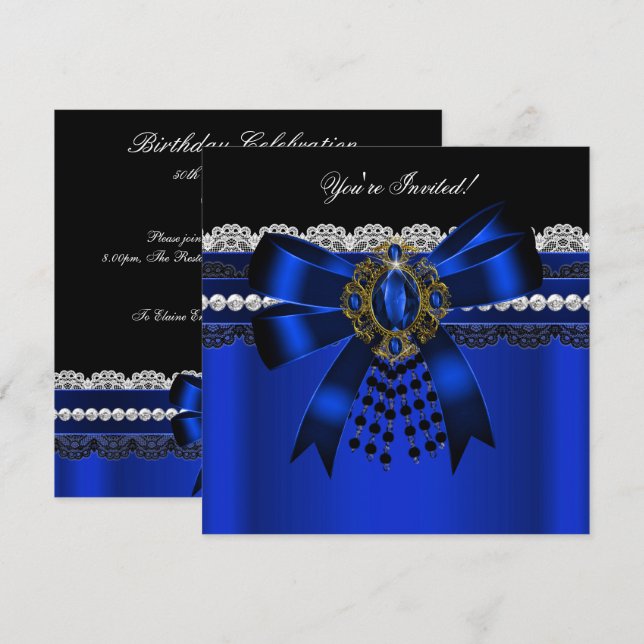 Invitation Elégante Royal Blue Black Diamond Gold Lace Party  (Devant / Derrière)